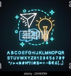 Idea generation neon light concept icon. Life skills. Solution searching. Creativity idea. Brainstorming. Glowing sign with alphabet, numbers and symb Stock Vector