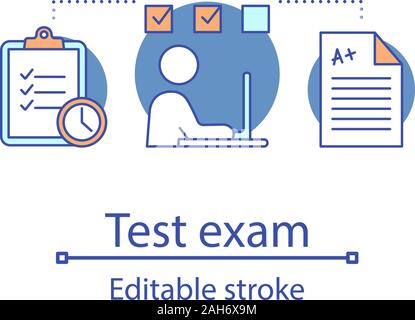 Online exam concept icon. Examination idea thin line illustration. E-learning. Educational testing.  Vector isolated outline drawing. Editable stroke Stock Vector
