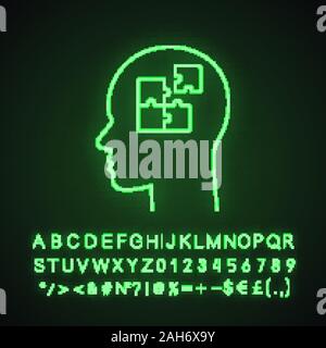 Solution neon light icon. Solve problem. Thinking process. Find solution. Resolve issue. Insight. Head with puzzles inside. Glowing sign with alphabet Stock Vector