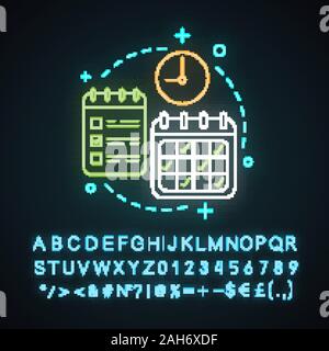 Time management neon light concept icon. Scheduling and planning idea. Timetable. Organizer. Appointments and meetings. Glowing sign with alphabet, nu Stock Vector