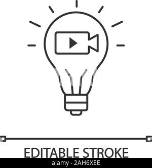 Movie idea linear icon. Cinematography. Thin line illustration. Film industry. Creative idea. Light bulb with movie camera inside. Contour symbol. Vec Stock Vector