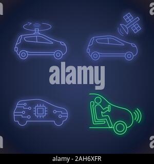 Autonomous car neon light icons set. Self driving automobiles. LIDAR, auto with satellite control, car partial automation. Glowing signs. Vector isola Stock Vector