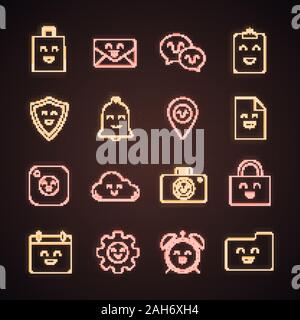 Smiling items neon light icons set. Characters. Emoji, emoticons. Happy shopping bag, mail, speech bubble, clipboard, shield, bell, map pin, file, clo Stock Vector