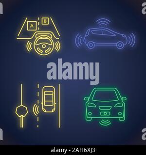 Autonomous car neon light icons set. Self-driving automobile, LIDAR ...