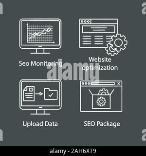 SEO chalk icons set. Traffic monitoring, website optimization, upload data, SEO package. Isolated vector chalkboard illustrations Stock Vector
