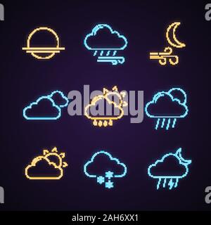 Weather forecast neon light icons set. Sunset, sunrise, windy and cloudy weather, wind at night, overcast, drizzle rain, light snow, night thunderstor Stock Vector