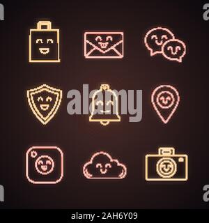 Smiling items neon light icons set. Happy shopping bag, letter, speech bubbles, shield, bell, map pinpoint, camera, cloud, photocamera. Glowing signs. Stock Vector