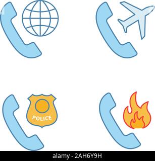 Phone services color icons set. Roaming, calls abroad, hotline support, call the police. Isolated vector illustrations Stock Vector