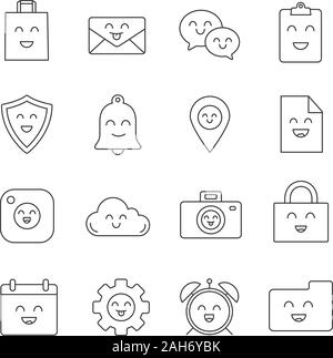 Smiling items linear icons set. Characters. Emoji, emoticons. Happy bag, mail, speech bubble, clipboard, bell, file, cloud, padlock, calendar. Isolate Stock Vector