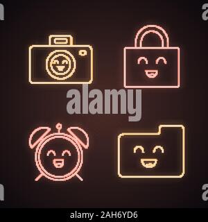 Smiling items neon light icons set. Characters. Happy camera, padlock, alarm clock, folder. Glowing signs. Vector isolated illustrations Stock Vector
