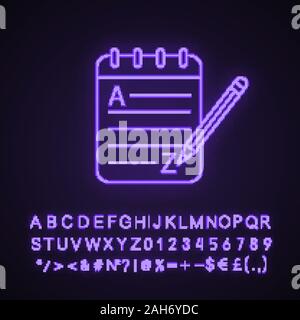 Grammar and writing neon light icon. Basic language skills. Foreign language learning. Taking notes. Notepad with pencil. Glowing sign with alphabet, Stock Vector