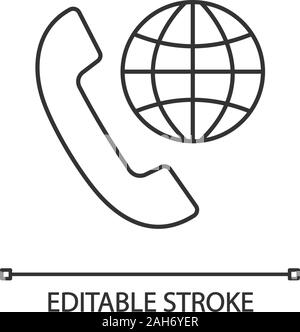 Calls abroad linear icon. International roaming. Thin line illustration. Handset with globe. Contour symbol. Vector isolated outline drawing. Editable Stock Vector