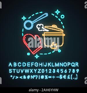 Cooking process neon light concept icon.  Meal preparation idea. Kitchen. Glowing sign with alphabet, numbers and symbols. Vector isolated illustratio Stock Vector