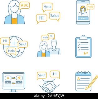 Foreign language learning color icons set. Teacher, foreign language courses, app, practice, test, translation, business communication, grammar. Isola Stock Vector