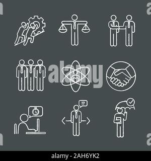 Business ethics chalk icons set. Teamwork, honesty, partnership, investors, core values, trust, time management, make choice, reliability. Isolated ve Stock Vector