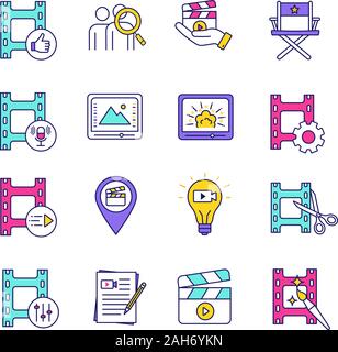 Film industry color icons set. Video production. Cinematography. Video editing, script writing, sound recording, casting. Isolated vector illustration Stock Vector