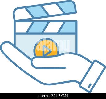 Movie release color icon. Video production. Cinematography. Hand holding clapperboard. Film director. Isolated vector illustration Stock Vector