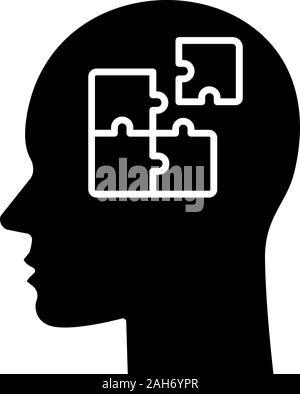 Solution glyph icon. Solve problem. Thinking process. Find solution. Resolve issue. Insight. Head with puzzles inside. Silhouette symbol. Negative spa Stock Vector