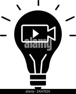 Movie idea glyph icon. Cinematography. Film industry. Creative idea. Light bulb with movie camera inside. Silhouette symbol. Negative space. Vector is Stock Vector