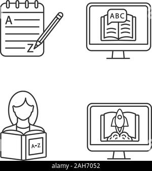 Foreign language learning linear icons set. Grammar, e-learning, reading, start learning course. Thin line contour symbols. Isolated vector outline il Stock Vector