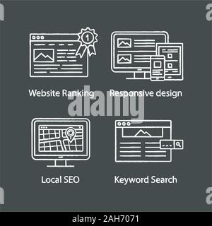 SEO chalk icons set. Website ranking, responsive design, local SEO, keyword search. Isolated vector chalkboard illustrations Stock Vector