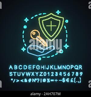 Account creation neon light concept icon. Secured new user registration idea. Protection system. Hand holding key and shield. Glowing sign with alphab Stock Vector