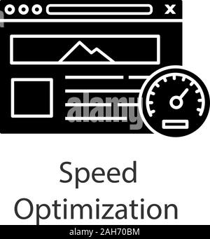 Website speed optimization glyph icon. Web hosting speed. Web performance. Website with speedometer. Silhouette symbol. Negative space. Vector isolate Stock Vector