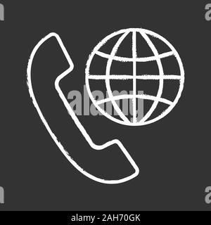 Calls abroad chalk icon. International roaming. Handset with globe. Isolated vector chalkboard illustration Stock Vector