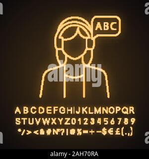 Listening neon light icon. Basic language skills. Audio book. Listening to music. Woman with headphones. Training course. Glowing sign with alphabet, Stock Vector