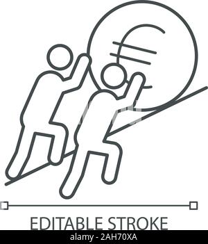 Teamwork linear icon. Two businessmen pushing euro sign up. Revaluation. Euro support. Thin line illustration. Join efforts. Team. Earn money. Partner Stock Vector