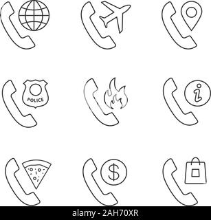 Phone services linear icons set. Calls abroad, roaming, phone tracking, call the police, hotline, infocenter, pizza delivery, tariff, shopping. Isolat Stock Vector