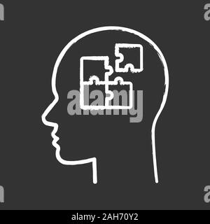 Solution chalk icon. Solve problem. Thinking process. Find solution. Resolve issue. Insight. Head with puzzles inside. Isolated vector chalkboard illu Stock Vector