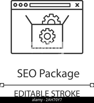 SEO packages linear icon. Searching engine optimization services. Thin line illustration. Website ranking. Web browser settings and add-ons. Contour v Stock Vector