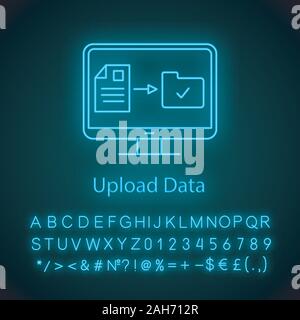 Data uploading neon light icon. File transfer. Web storage. Digital data storage. Glowing sign with alphabet, numbers and symbols. Vector isolated ill Stock Vector