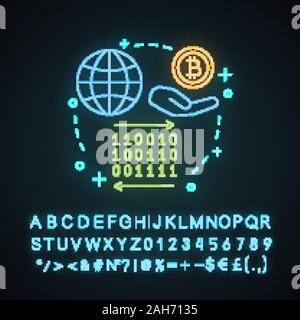 Cryptocurrency neon light concept icon.  Shadow copy idea. Digital technology. Cyberspace. Glowing sign with alphabet, numbers and symbols. Vector iso Stock Vector