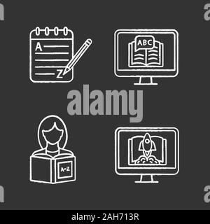 Foreign language learning chalk icons set. Grammar, e-learning, reading, start learning course. Isolated vector chalkboard illustrations Stock Vector