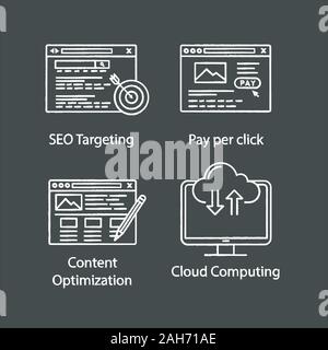 SEO chalk icons set. Targeted advertising, pay per click, content editing, cloud computing. Isolated vector chalkboard illustrations Stock Vector