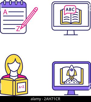 Foreign language learning color icons set. Grammar, e-learning, reading, start learning course. Isolated vector illustrations Stock Vector