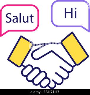 Foreign language for business color icon. Business communication skills. Handshake and speech bubbles with hello. International negotiations. Isolated Stock Vector