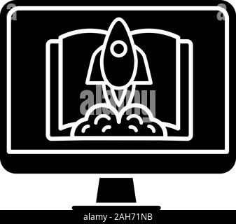 Start learning glyph icon. Express course for beginners. Online education. E-learning. Distance education. Silhouette symbol. Negative space. Vector i Stock Vector
