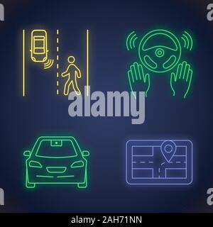 Autonomous car neon light icons set. Detecting pedestrians, self-driving auto, video camera, GPS navigator. Glowing signs. Vector isolated illustratio Stock Vector