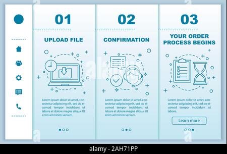 Customer support onboarding mobile web pages vector template. Upload file, confirmation, order processing. Digital service. Responsive smartphone webs Stock Vector