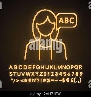 Foreign language teacher neon light icon. Speaking club. Philologist. Language learning courses. Speaking skills. Glowing sign with alphabet, numbers Stock Vector