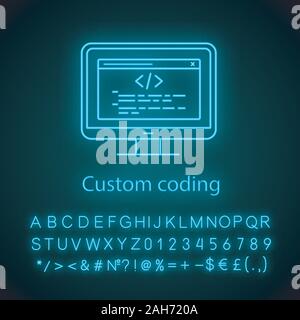 Custom coding neon light icon. Programming. Website development. Website optimization. Point-to-point integration. Glowing sign with alphabet, numbers Stock Vector