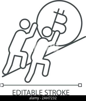 Teamwork linear icon. Two businessmen pushing bitcoin sign up. Thin line illustration. Join efforts. Team. Earn money. Cryptocurrency mining. Contour Stock Vector