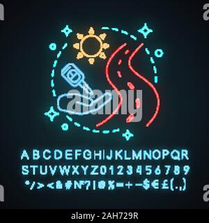 Travelling by car neon light concept icon. Auto leasing. Trip, journey  idea. Road, sun, key in hand. Glowing sign with alphabet, numbers and symbols. Stock Vector