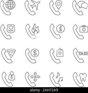 Phone services linear icons set. Landline phone calls. Emergency, delivery, customer support, roaming, taxi. Telephone handset. Making calls. Isolated Stock Vector