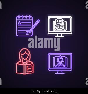 Foreign language learning neon light icons set. Grammar, e-learning, reading, start learning course. Glowing signs. Vector isolated illustrations Stock Vector
