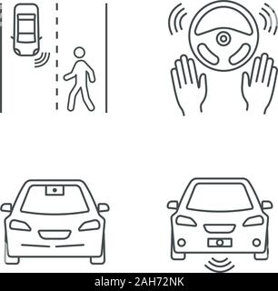 Autonomous car with video camera linear icon. Smart car front view ...