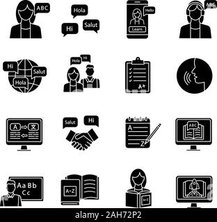 Foreign language learning glyph icons set. Speaking club, course, school. Basic language skills. Communication skills. Silhouette symbols. Vector isol Stock Vector